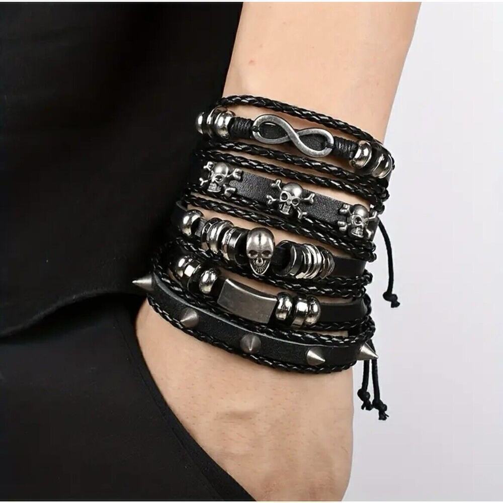 Set of 5 Gothic Punk Skull Head Biker Bracelet Unisex Grunge Adjustable Rock
